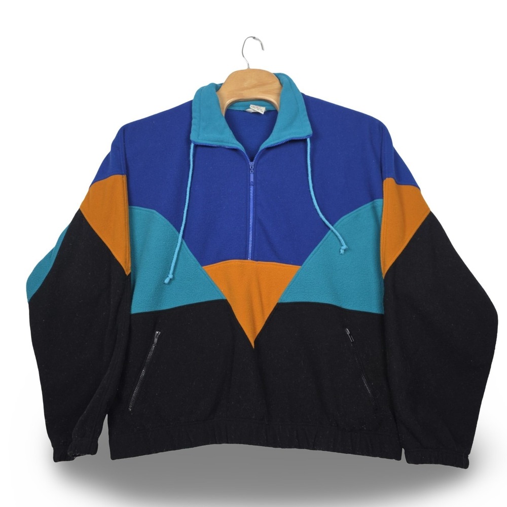Vintage Priority Male Fleece 1/4 Zip Pullover XL Colorblock 90s Abstract Geometr